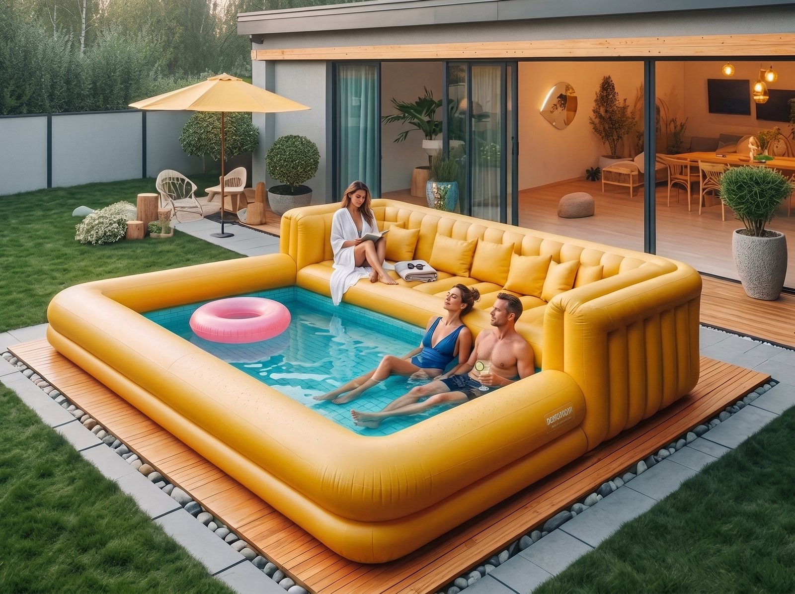 Adults_bathing_from_pool_2K_202607141635 Canapé gonflable modulable pour piscine – Forme personnalisable – Idéal pour la détente en extérieur – Image 1