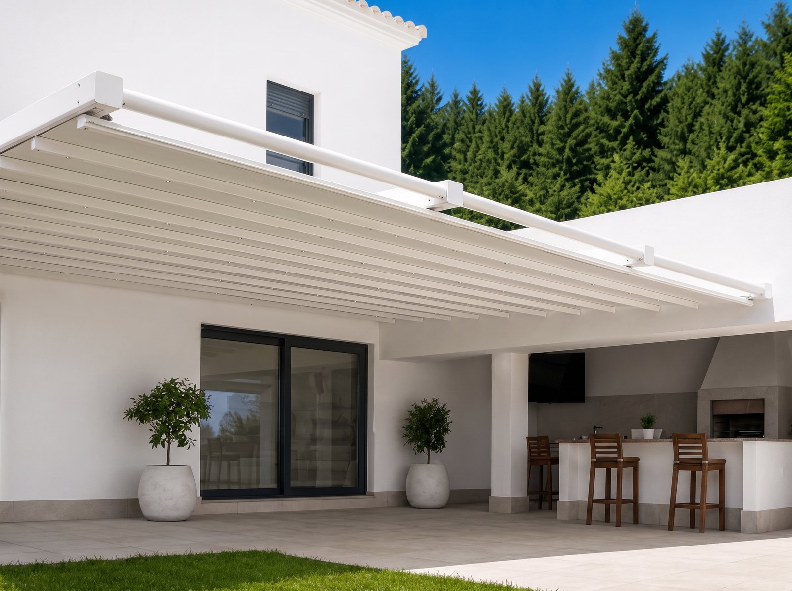 Create_image_in_4K_2K_202607132230 Pergola Toile Rétractable S-Luxe Sauleda Technical Étanche Suspendue (Bras de Supports) Électrique (Télécommande) Sur Mesure À Chaque Poteau (Recomm – Image 1