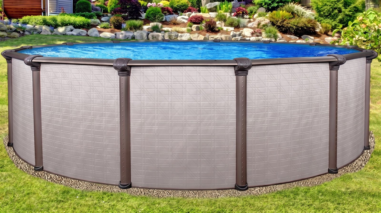 Create_pool_image_remove_text_202607122049 Piscine hors terre ronde Melenia de 12 pi x 54 po – Dotée de margelles supérieures couleur bronze métallisé – Image 1