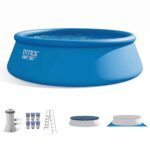 Kit piscine hors sol extérieure, PVC et acier, bleu, montage facile avec échelle, couverture, pompe de filtration GFCI 1000 GPH et 6 réservoirs