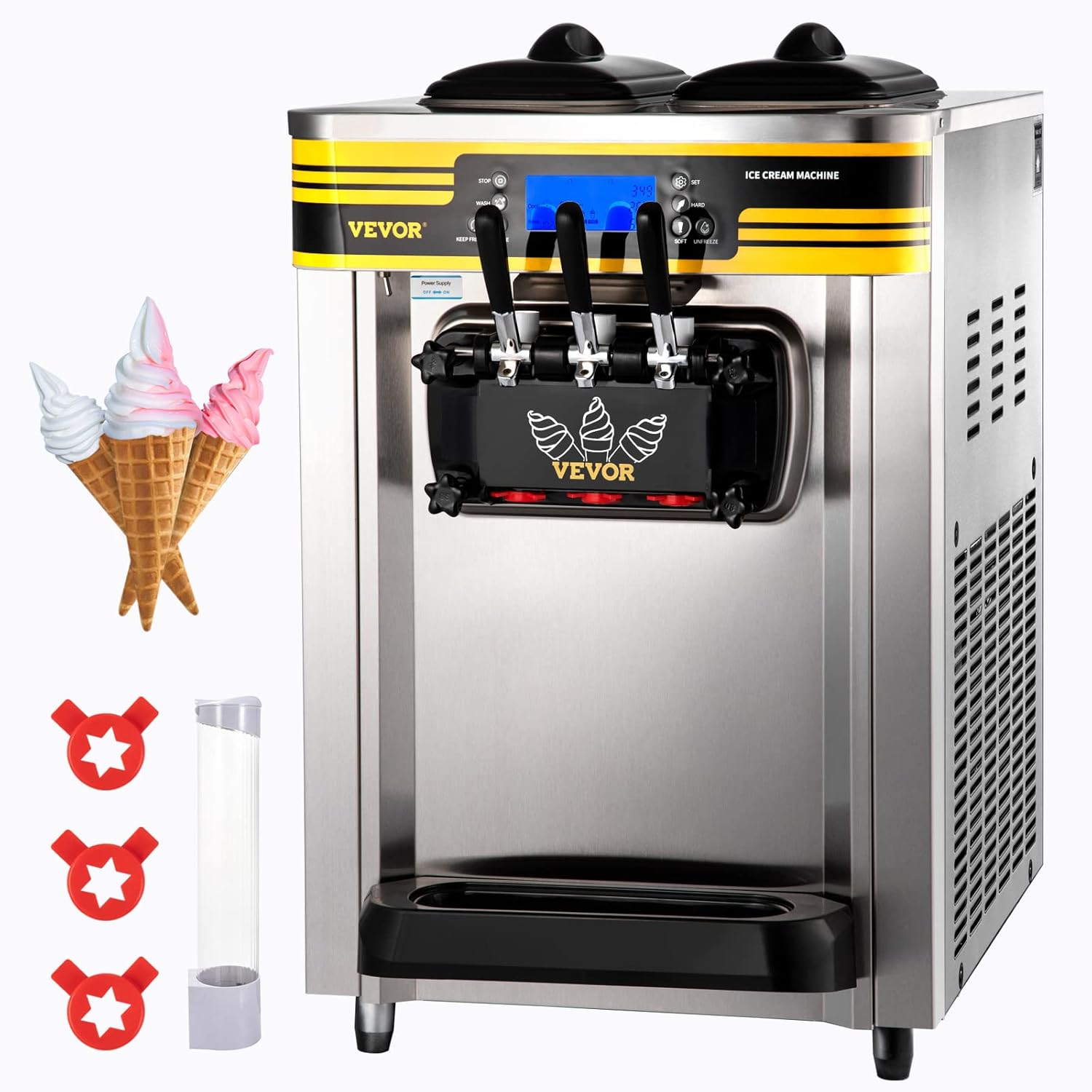 download - 2026-07-16T114743.787 Machine à Crème Glacée Molle de Comptoir VEVOR 22-30 L/h Sorbetière à Glace Pré-Réfrigération Décongélation en Un Clic avec 2 Trémies et 2+1 Saveurs – Image 1