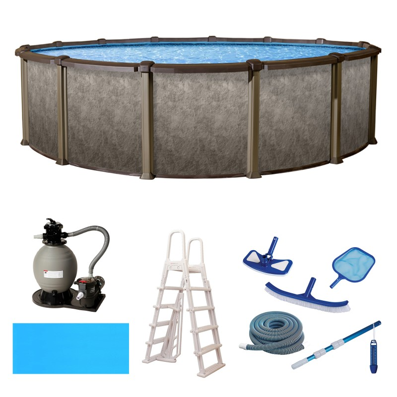 download (71) Ensemble de piscine hors terre ronde Blue Wave Riviera (diamètre de 54 po) avec paroi en métal et margelles supérieures de 8 po – Image 1