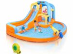 Parc aquatique gonflable 5 en 1, comprenant un toboggan aquatique gonflable avec souffleur d'air, un mur d'escalade, une zone de double saut, une pataugeoire, un canon à eau, etc.